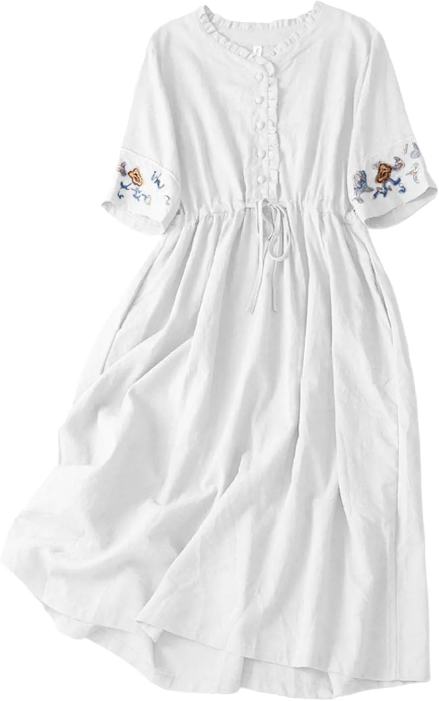 Embroidered Linen Maxi Dress Women Casual Summer Boho Petite Cotton Midi Dresses Short Sleeve A Line Beach Dress
