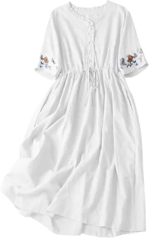 Embroidered Linen Maxi Dress Women Casual Summer Boho Petite Cotton Midi Dresses Short Sleeve A Line Beach Dress