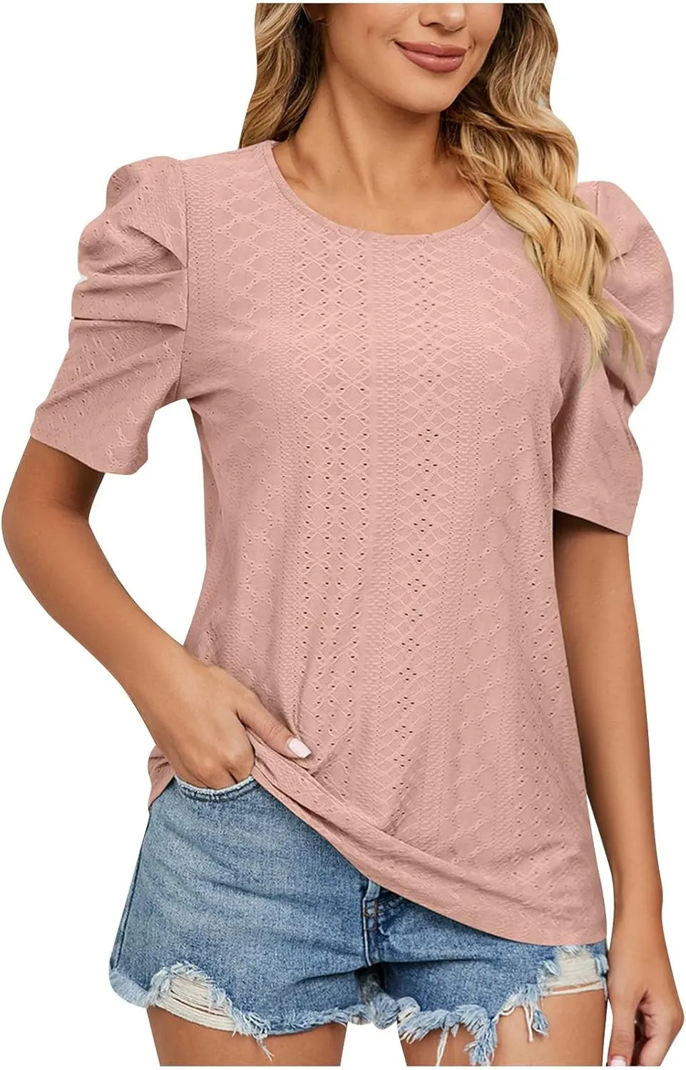 Eyelet Blouses for Women Dressy Casual Puff Short Sleeve Tops Fashion Crew Neck Tunic Shirts Elegant Business Shirt