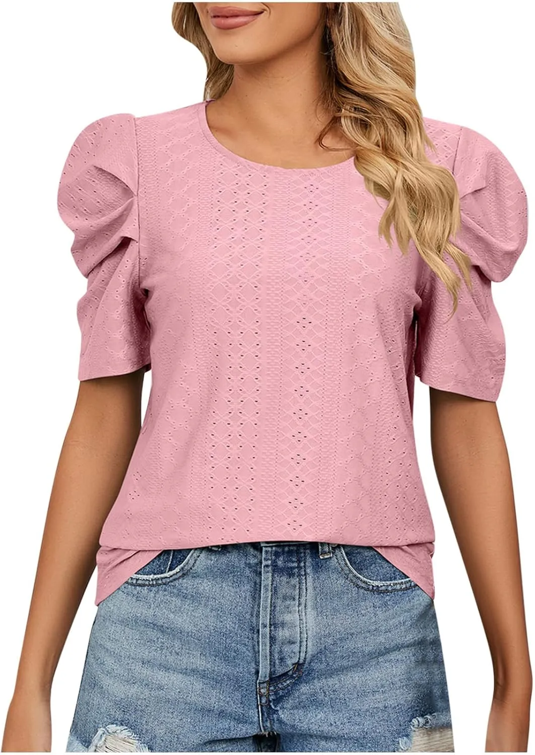 Eyelet Blouses for Women Dressy Casual Puff Short Sleeve Tops Fashion Crew Neck Tunic Shirts Elegant Business Shirt