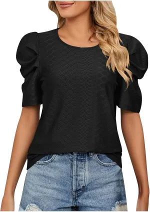 Eyelet Blouses for Women Dressy Casual Puff Short Sleeve Tops Fashion Crew Neck Tunic Shirts Elegant Business Shirt