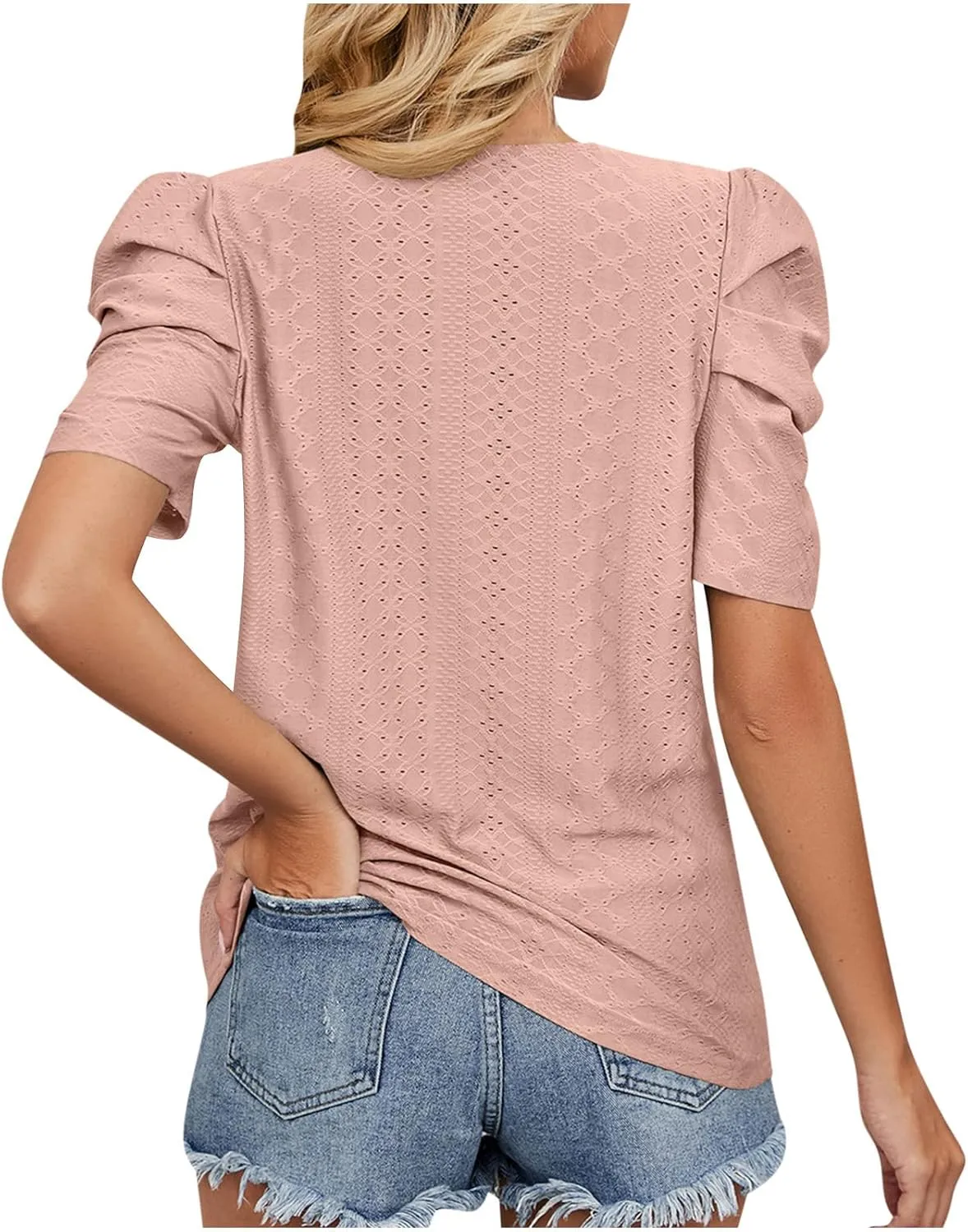 Eyelet Blouses for Women Dressy Casual Puff Short Sleeve Tops Fashion Crew Neck Tunic Shirts Elegant Business Shirt