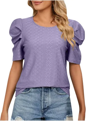 Eyelet Blouses for Women Dressy Casual Puff Short Sleeve Tops Fashion Crew Neck Tunic Shirts Elegant Business Shirt