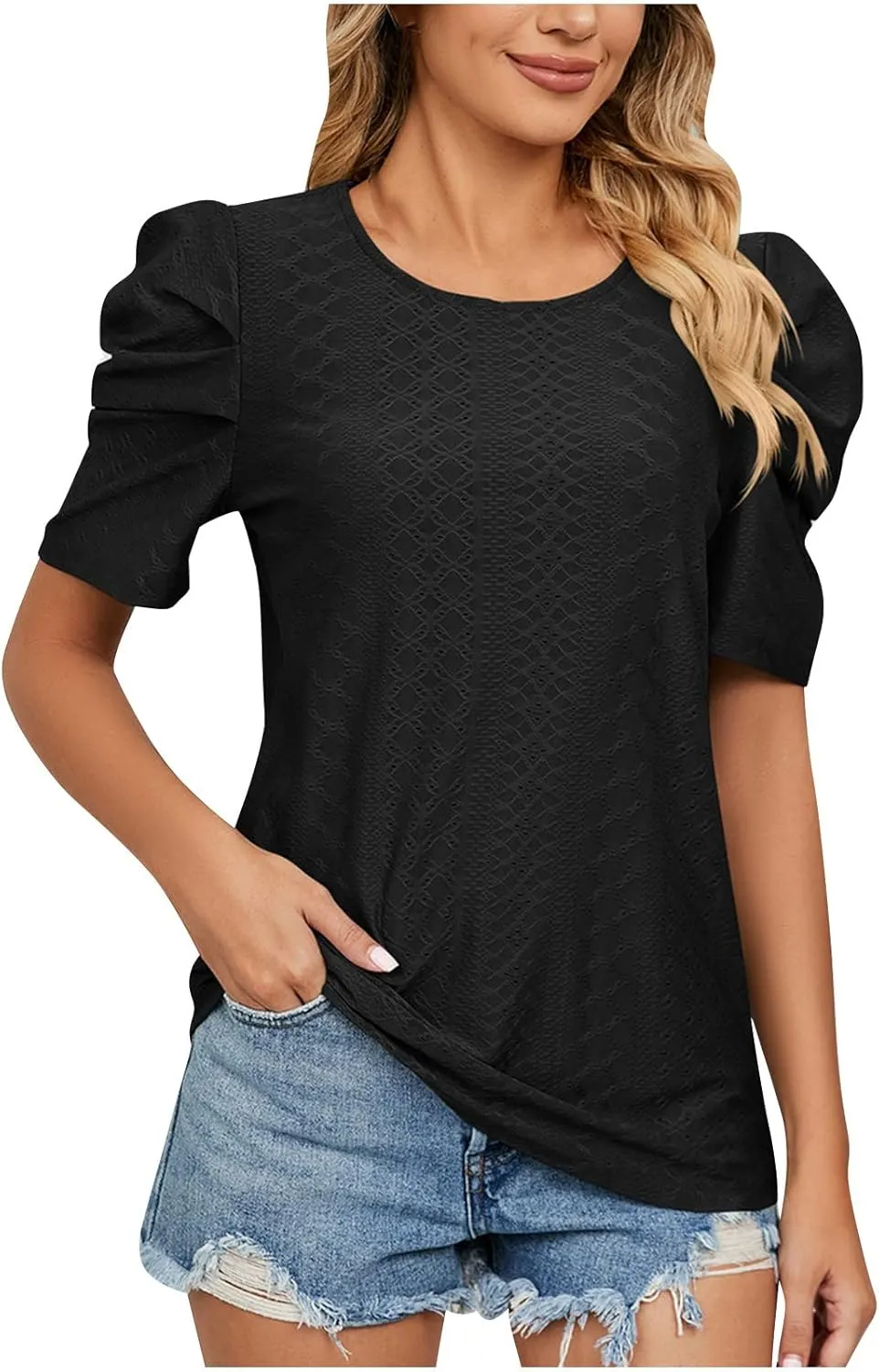 Eyelet Blouses for Women Dressy Casual Puff Short Sleeve Tops Fashion Crew Neck Tunic Shirts Elegant Business Shirt