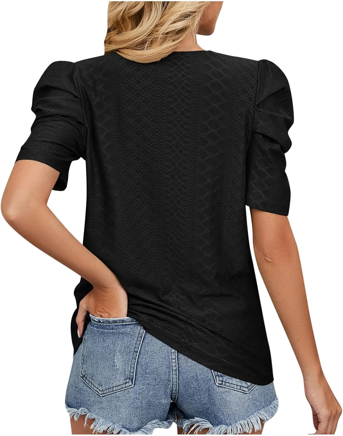 Eyelet Blouses for Women Dressy Casual Puff Short Sleeve Tops Fashion Crew Neck Tunic Shirts Elegant Business Shirt