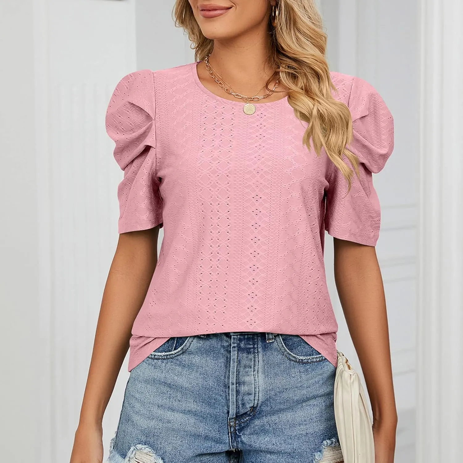 Eyelet Blouses for Women Dressy Casual Puff Short Sleeve Tops Fashion Crew Neck Tunic Shirts Elegant Business Shirt