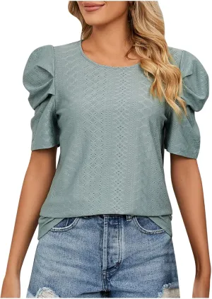 Eyelet Blouses for Women Dressy Casual Puff Short Sleeve Tops Fashion Crew Neck Tunic Shirts Elegant Business Shirt