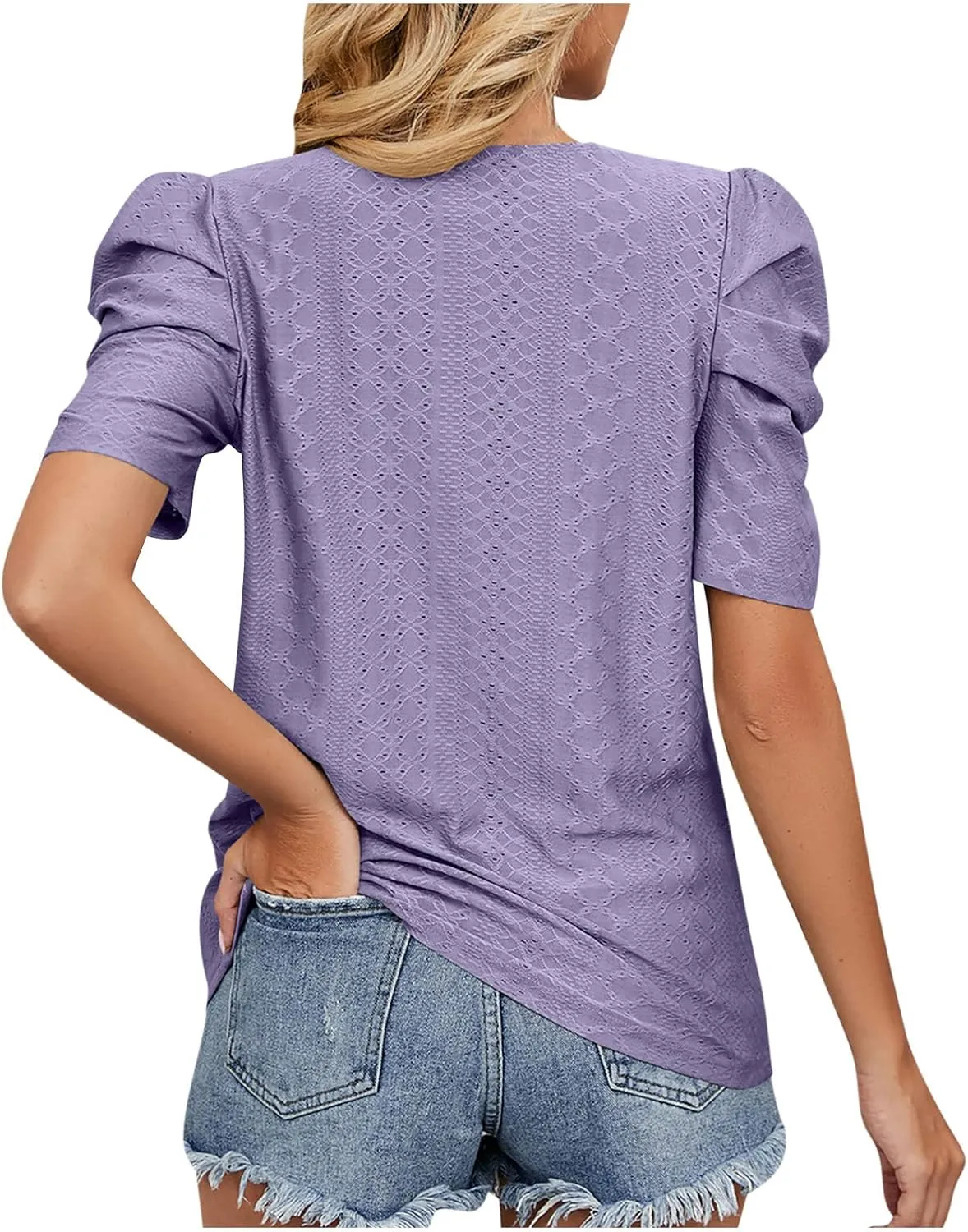 Eyelet Blouses for Women Dressy Casual Puff Short Sleeve Tops Fashion Crew Neck Tunic Shirts Elegant Business Shirt