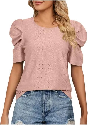 Eyelet Blouses for Women Dressy Casual Puff Short Sleeve Tops Fashion Crew Neck Tunic Shirts Elegant Business Shirt