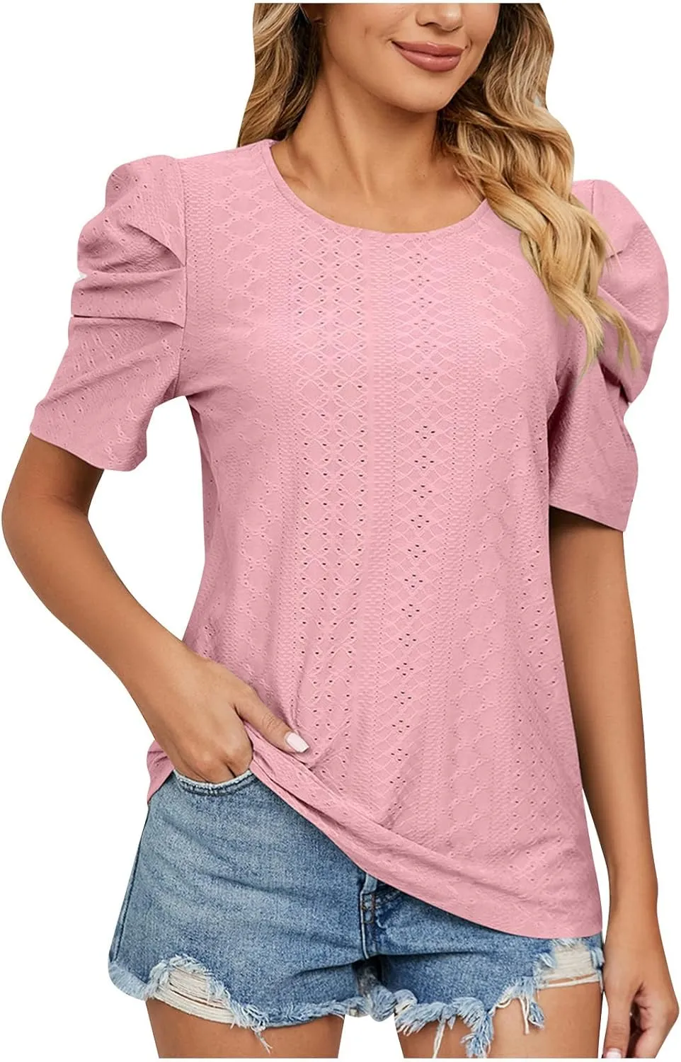 Eyelet Blouses for Women Dressy Casual Puff Short Sleeve Tops Fashion Crew Neck Tunic Shirts Elegant Business Shirt