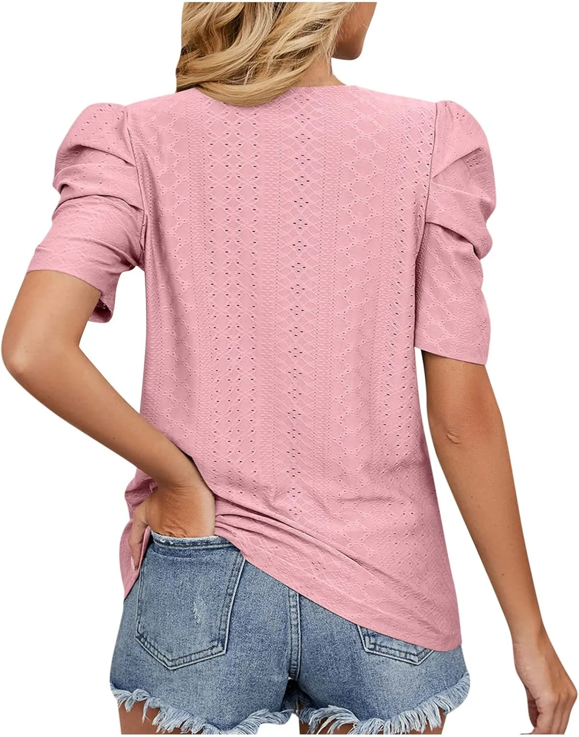Eyelet Blouses for Women Dressy Casual Puff Short Sleeve Tops Fashion Crew Neck Tunic Shirts Elegant Business Shirt