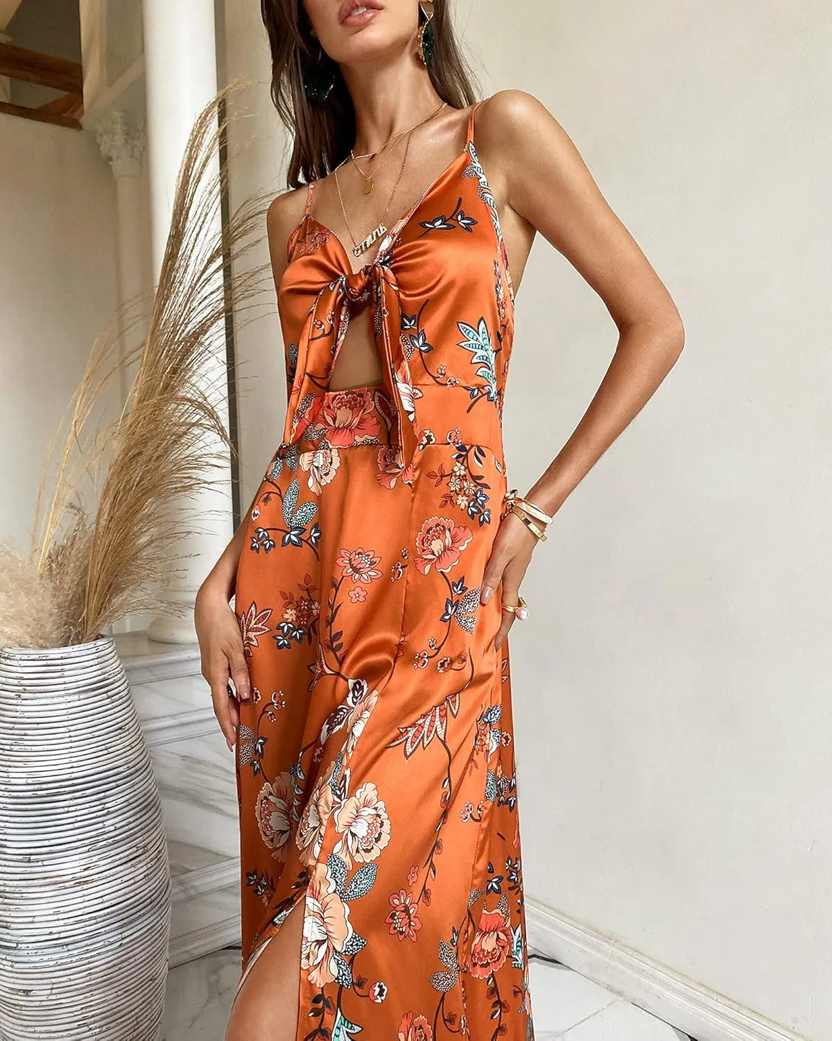 Fashionme Women Spaghetti Strap Midi Satin Dresses Tie Front Backless Split Hollow Dress