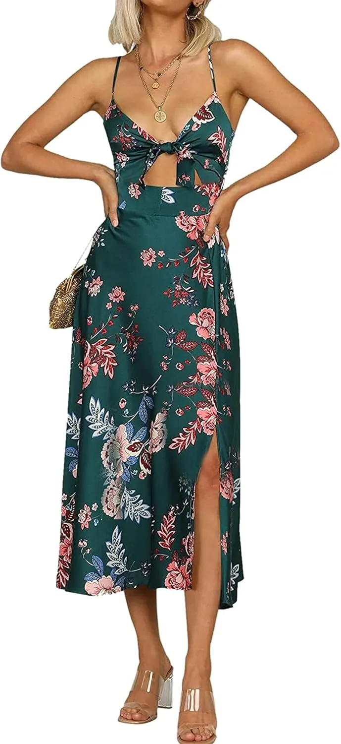 Fashionme Women Spaghetti Strap Midi Satin Dresses Tie Front Backless Split Hollow Dress