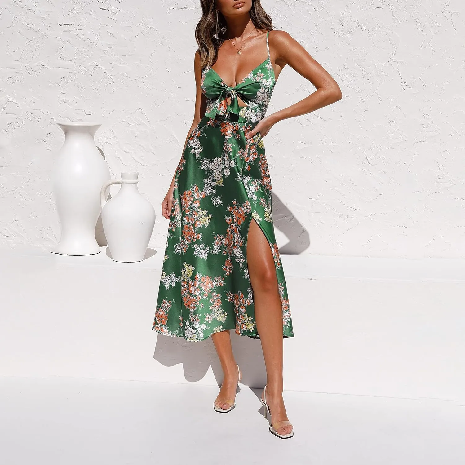 Fashionme Women Spaghetti Strap Midi Satin Dresses Tie Front Backless Split Hollow Dress