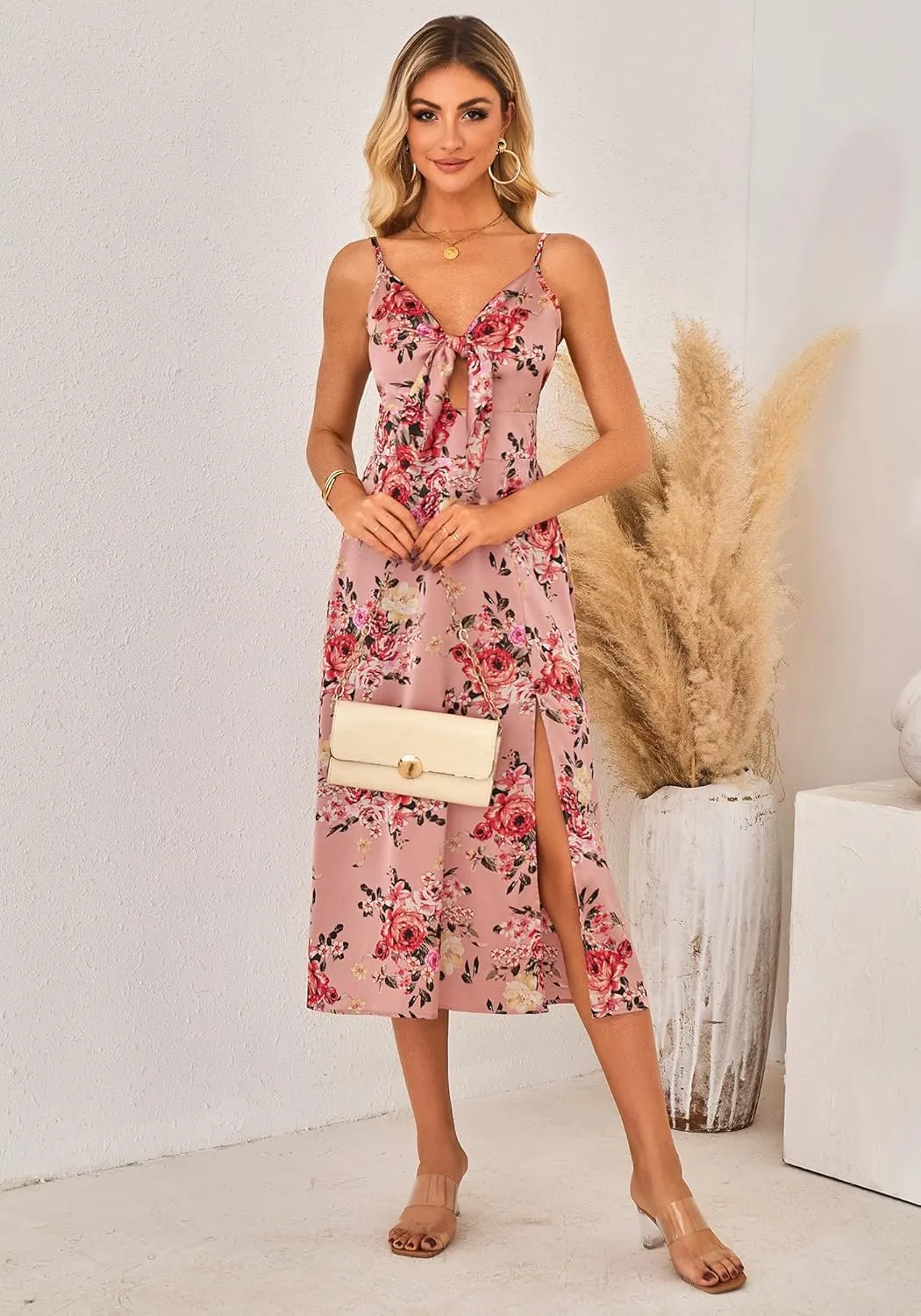 Fashionme Women Spaghetti Strap Midi Satin Dresses Tie Front Backless Split Hollow Dress