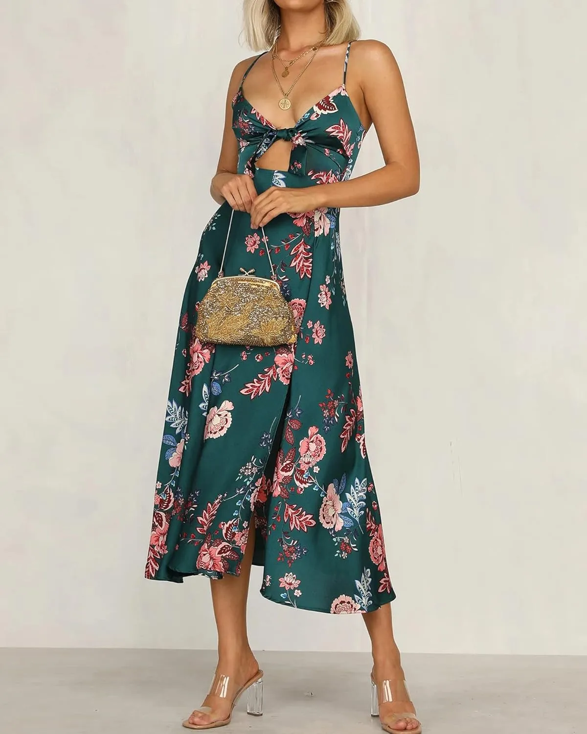 Fashionme Women Spaghetti Strap Midi Satin Dresses Tie Front Backless Split Hollow Dress