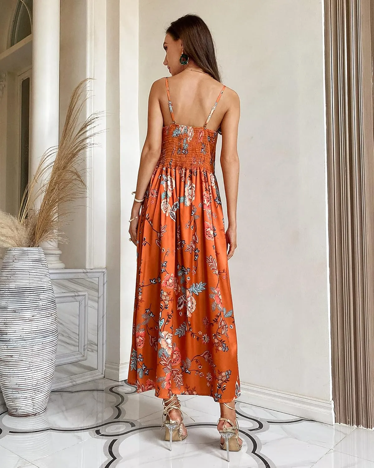Fashionme Women Spaghetti Strap Midi Satin Dresses Tie Front Backless Split Hollow Dress