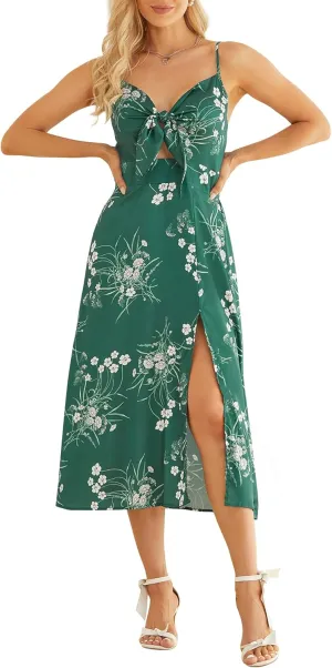 Fashionme Women Spaghetti Strap Midi Satin Dresses Tie Front Backless Split Hollow Dress