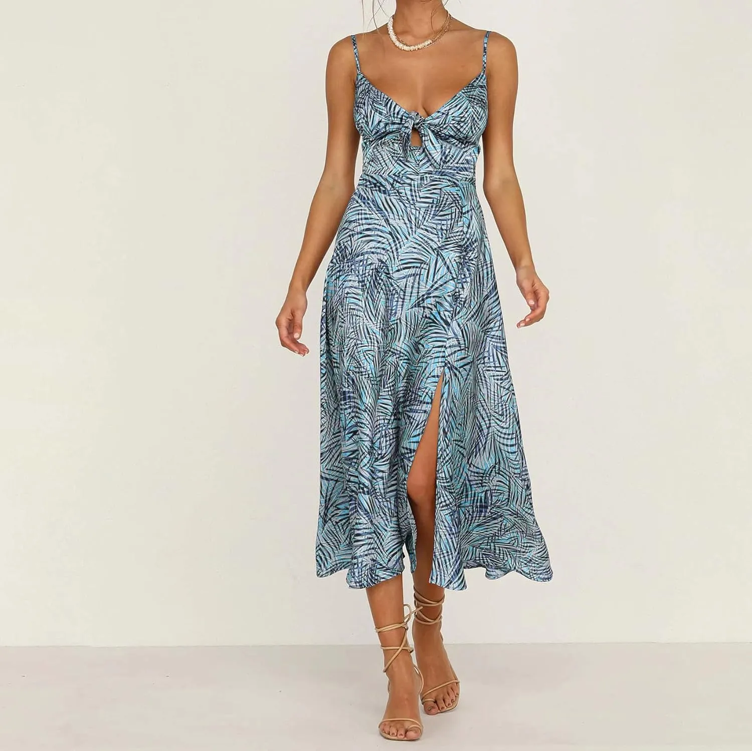 Fashionme Women Spaghetti Strap Midi Satin Dresses Tie Front Backless Split Hollow Dress