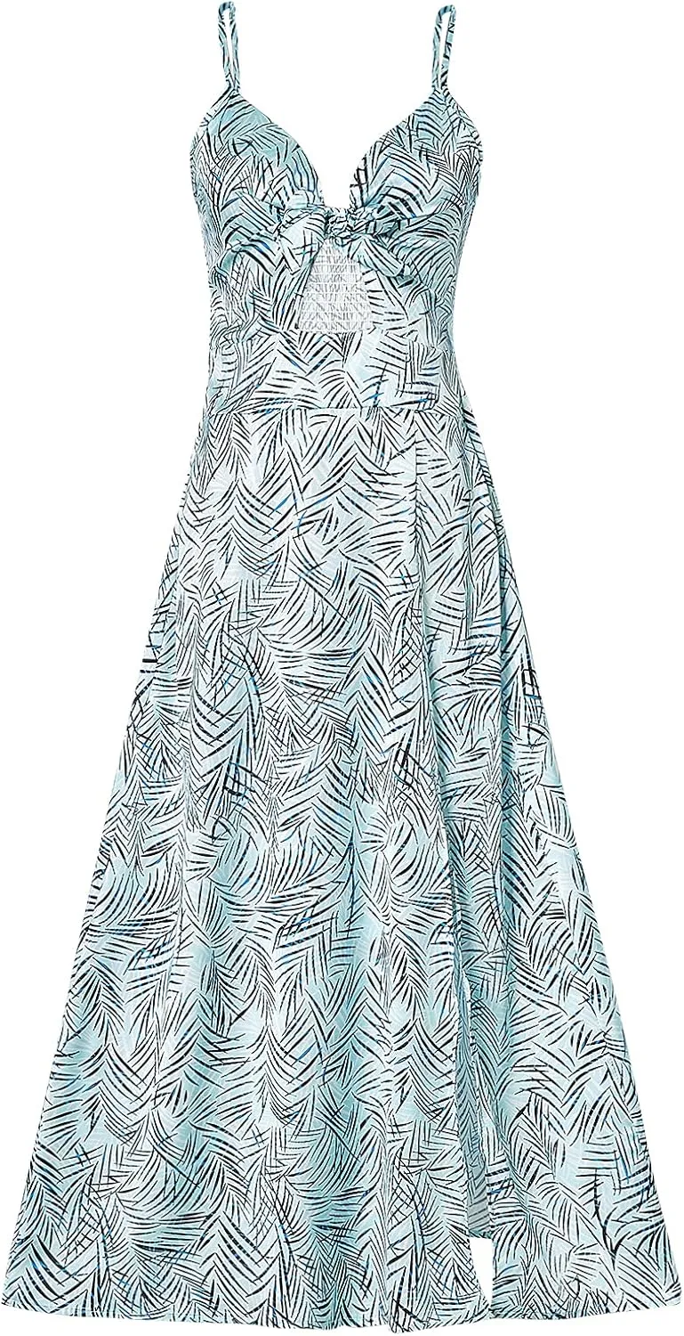 Fashionme Women Spaghetti Strap Midi Satin Dresses Tie Front Backless Split Hollow Dress