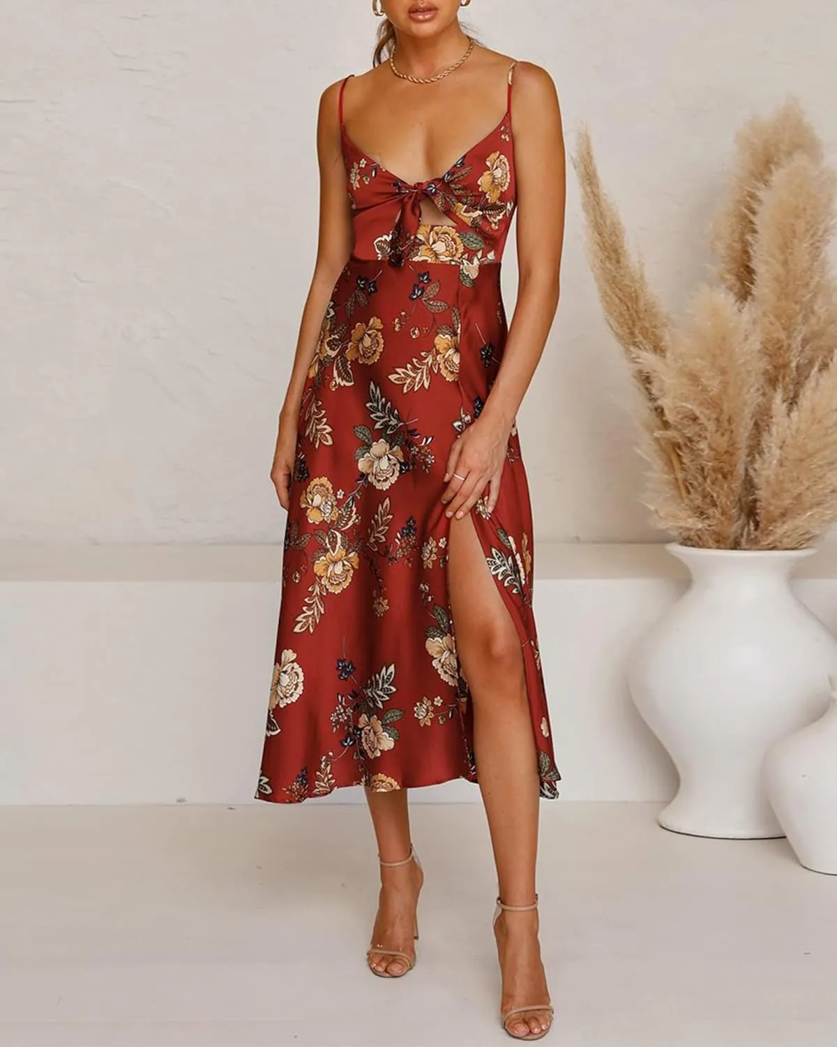 Fashionme Women Spaghetti Strap Midi Satin Dresses Tie Front Backless Split Hollow Dress