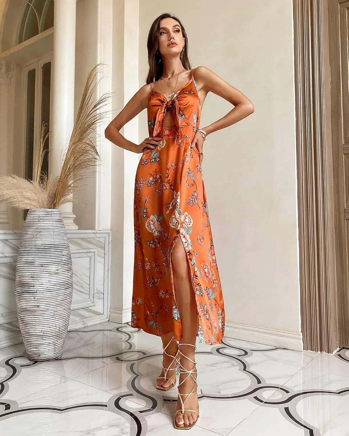 Fashionme Women Spaghetti Strap Midi Satin Dresses Tie Front Backless Split Hollow Dress