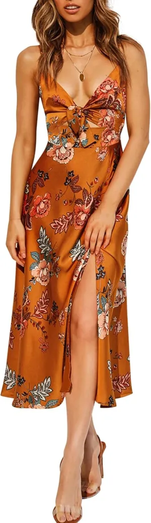 Fashionme Women Spaghetti Strap Midi Satin Dresses Tie Front Backless Split Hollow Dress