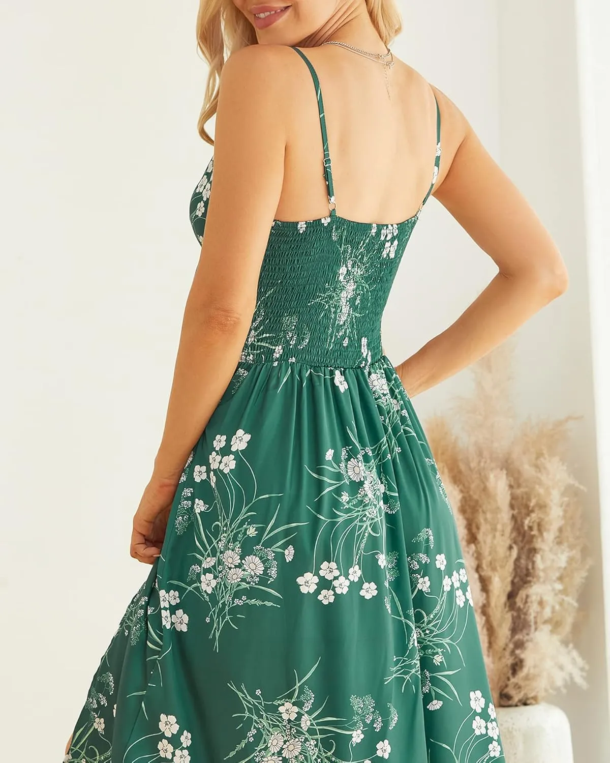 Fashionme Women Spaghetti Strap Midi Satin Dresses Tie Front Backless Split Hollow Dress