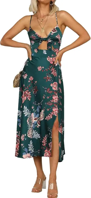 Fashionme Women Spaghetti Strap Midi Satin Dresses Tie Front Backless Split Hollow Dress