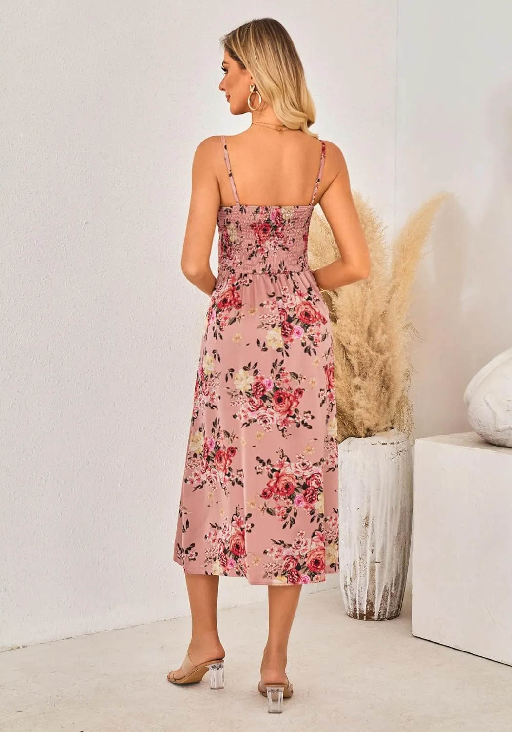 Fashionme Women Spaghetti Strap Midi Satin Dresses Tie Front Backless Split Hollow Dress