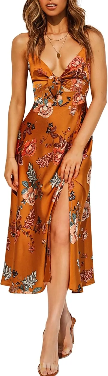 Fashionme Women Spaghetti Strap Midi Satin Dresses Tie Front Backless Split Hollow Dress