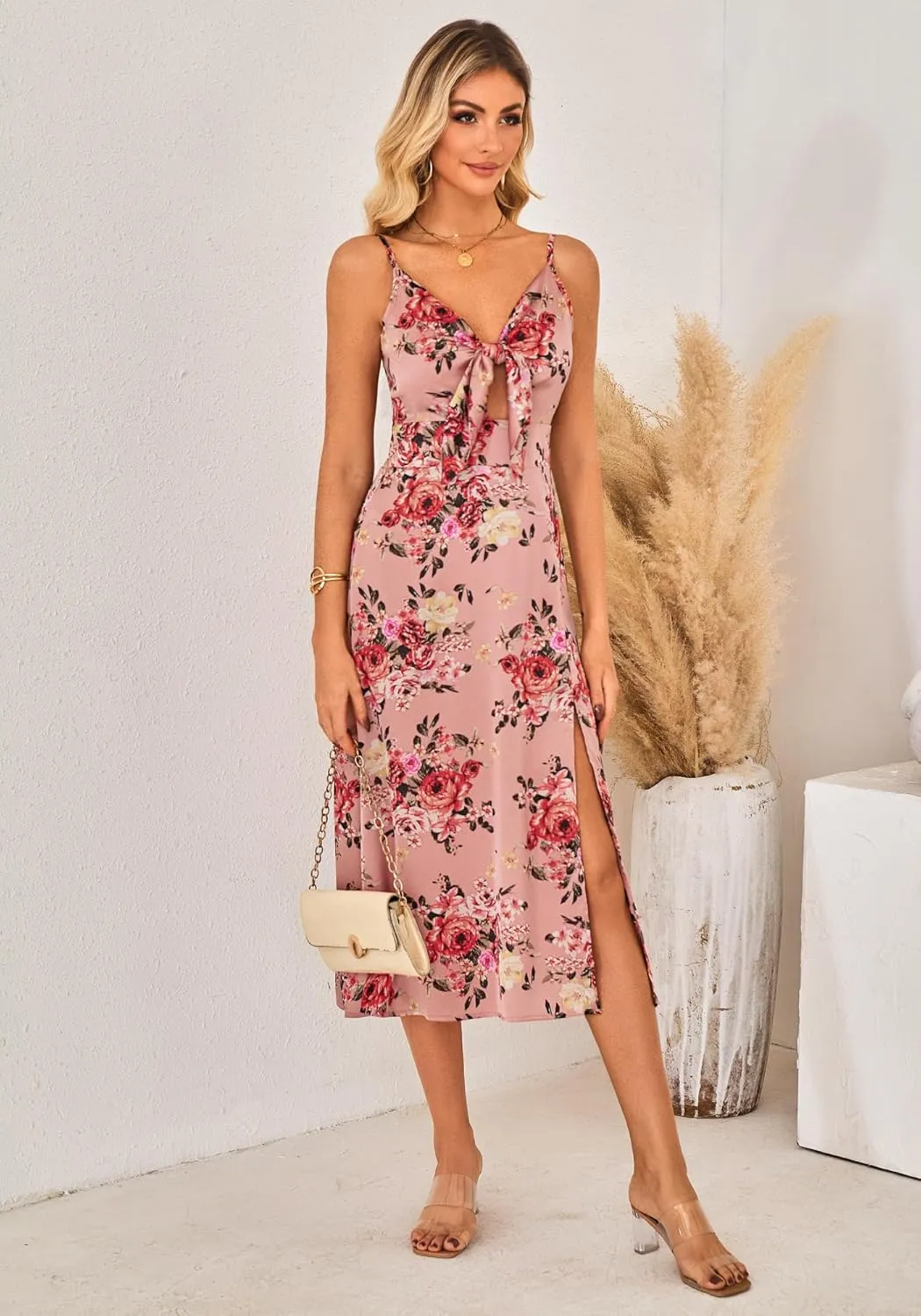 Fashionme Women Spaghetti Strap Midi Satin Dresses Tie Front Backless Split Hollow Dress