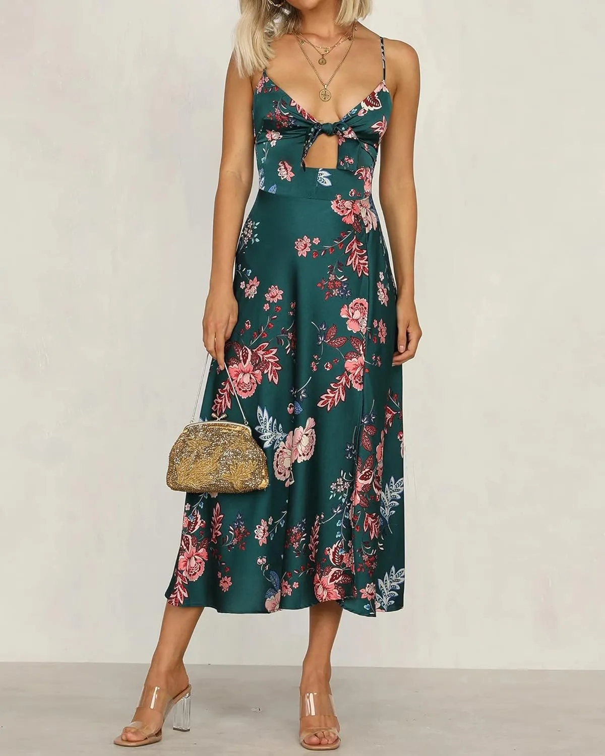 Fashionme Women Spaghetti Strap Midi Satin Dresses Tie Front Backless Split Hollow Dress