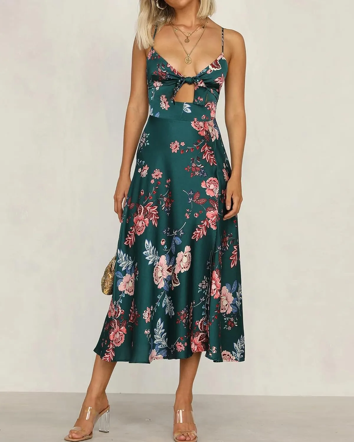 Fashionme Women Spaghetti Strap Midi Satin Dresses Tie Front Backless Split Hollow Dress