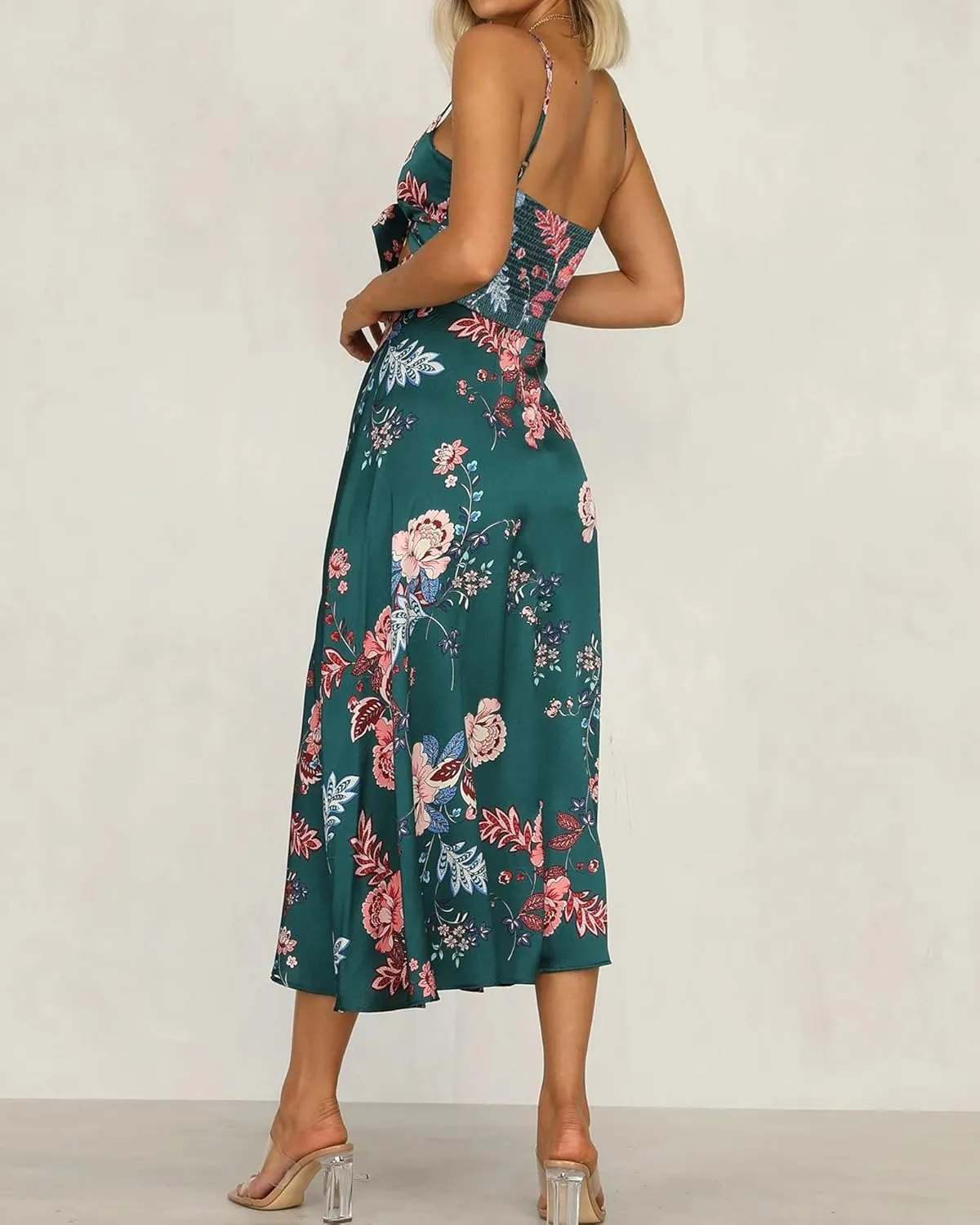 Fashionme Women Spaghetti Strap Midi Satin Dresses Tie Front Backless Split Hollow Dress