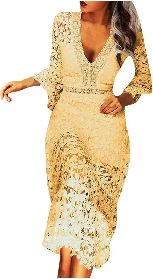 Flare Sleeve Dress for Women Bodycon Mermaid Lace Floral Dresses V-Neck Formal Cocktail Comfy Dress for Wedding Guest