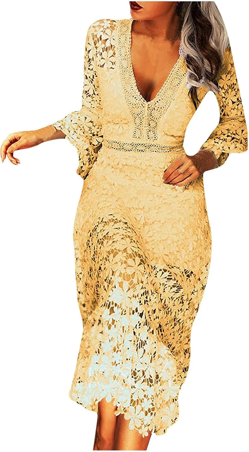 Flare Sleeve Dress for Women Bodycon Mermaid Lace Floral Dresses V-Neck Formal Cocktail Comfy Dress for Wedding Guest