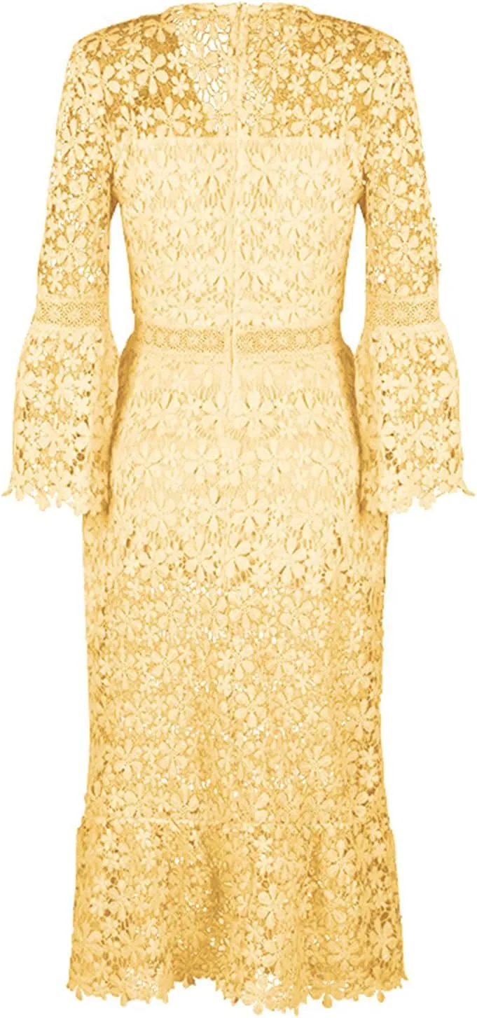 Flare Sleeve Dress for Women Bodycon Mermaid Lace Floral Dresses V-Neck Formal Cocktail Comfy Dress for Wedding Guest