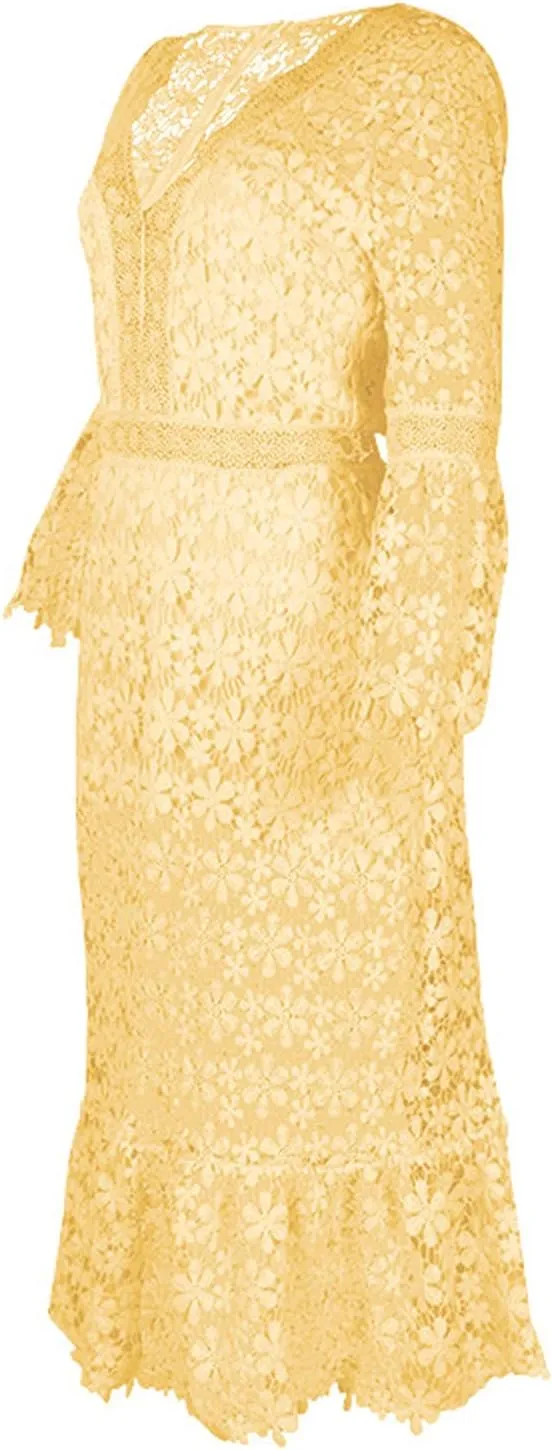 Flare Sleeve Dress for Women Bodycon Mermaid Lace Floral Dresses V-Neck Formal Cocktail Comfy Dress for Wedding Guest