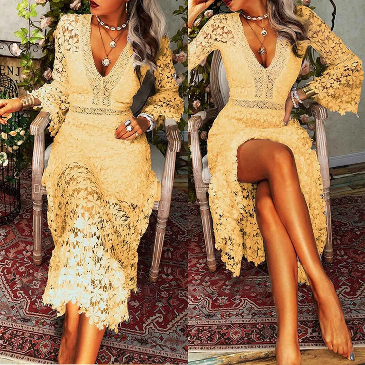 Flare Sleeve Dress for Women Bodycon Mermaid Lace Floral Dresses V-Neck Formal Cocktail Comfy Dress for Wedding Guest