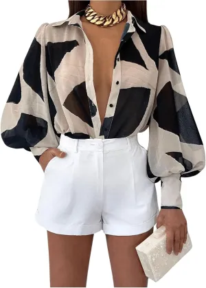 Floerns Women's Button Down Sheer Chiffon Blouse Shirts Long Sleeve Collar See Through Blouse Tops