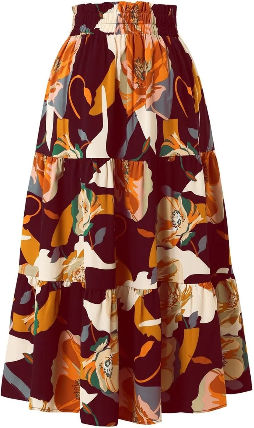 Floral Maxi Skirt for Women Elastic High Waist Pleated Skirts A-line Vacation Long Skirts Casual Party Holiday Skirt