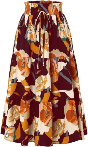 Floral Maxi Skirt for Women Elastic High Waist Pleated Skirts A-line Vacation Long Skirts Casual Party Holiday Skirt