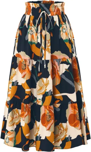 Floral Maxi Skirt for Women Summer Comfy Tiered Elastic High Waisted Midi Skirts A-Line Flowy Swing Long Skirts
