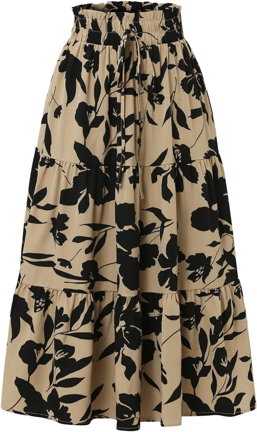 Floral Maxi Skirt for Women Summer Comfy Tiered Elastic High Waisted Midi Skirts A-Line Flowy Swing Long Skirts
