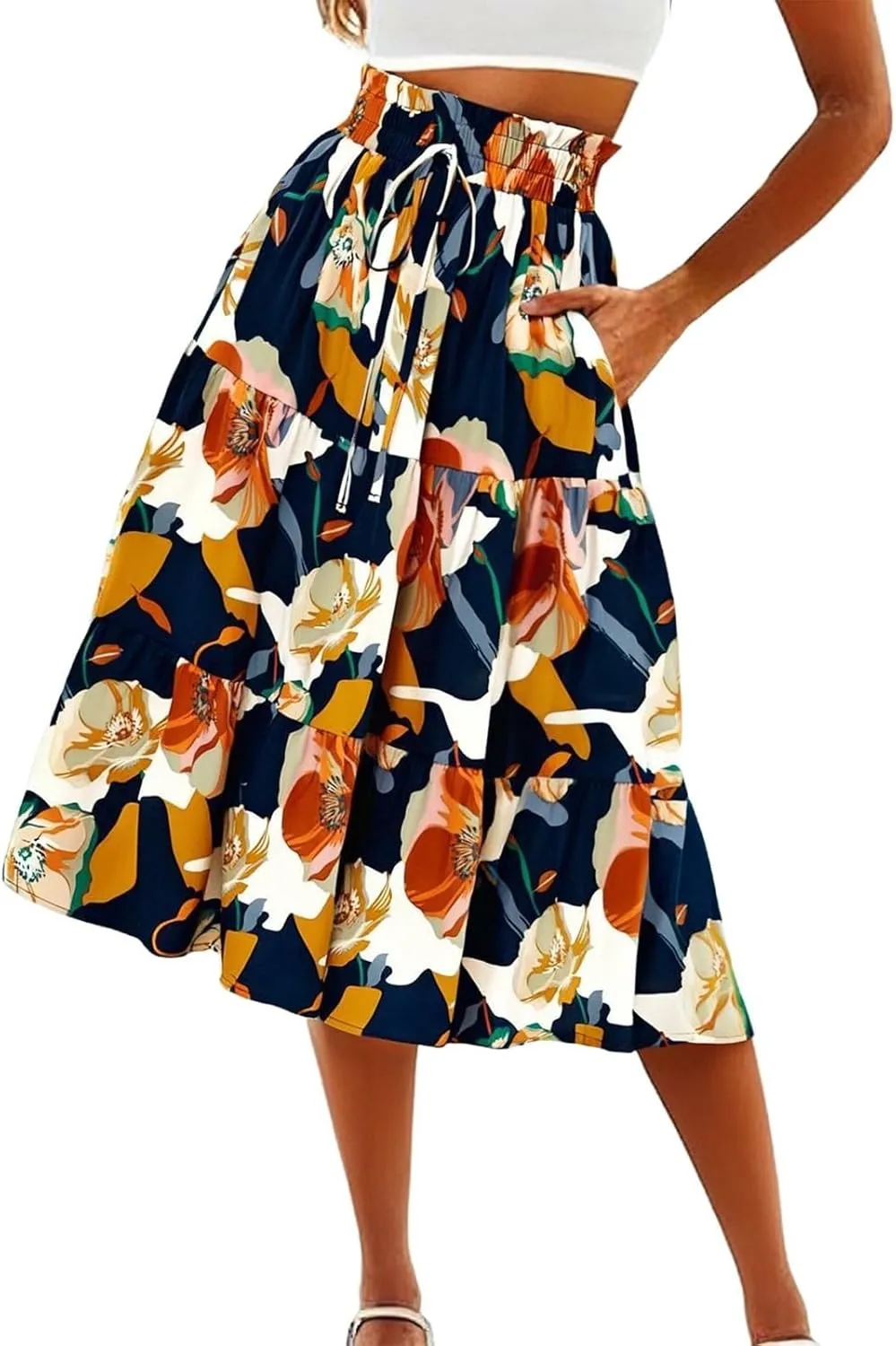 Floral Maxi Skirt for Women Summer Comfy Tiered Elastic High Waisted Midi Skirts A-Line Flowy Swing Long Skirts