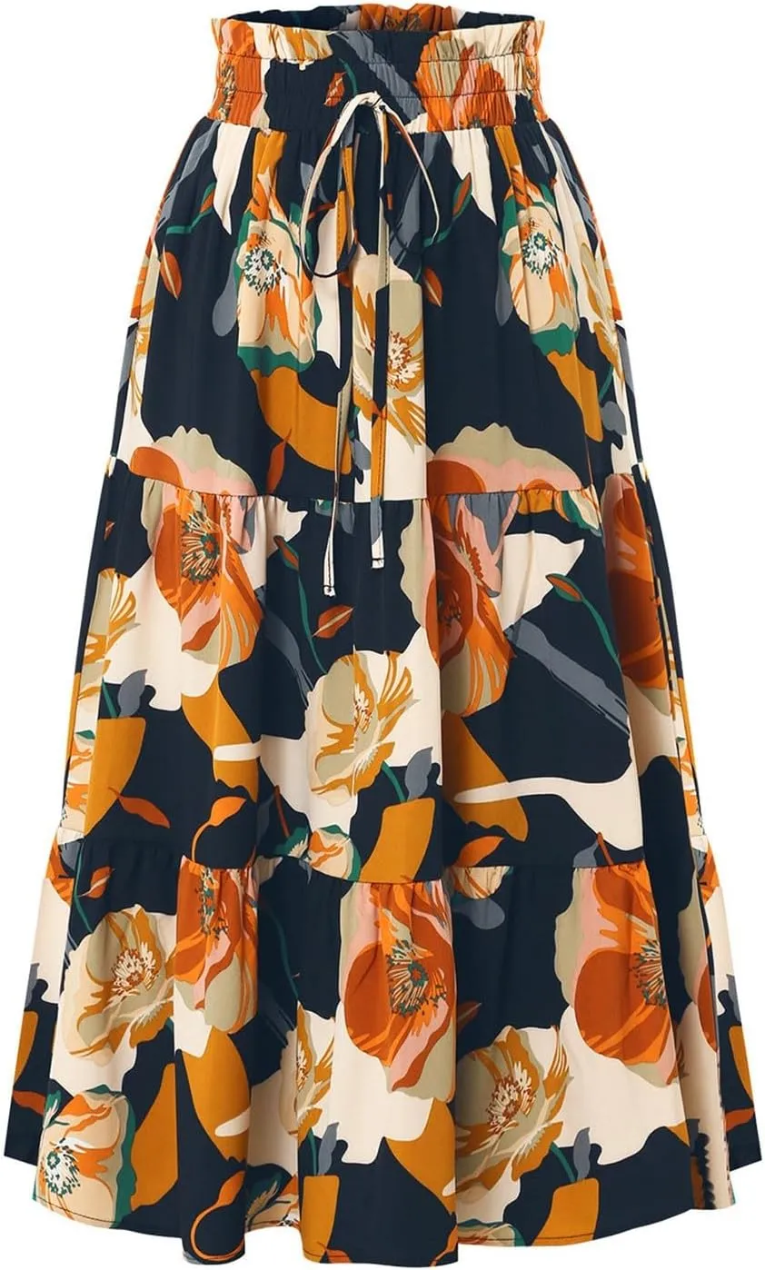 Floral Maxi Skirt for Women Summer Comfy Tiered Elastic High Waisted Midi Skirts A-Line Flowy Swing Long Skirts