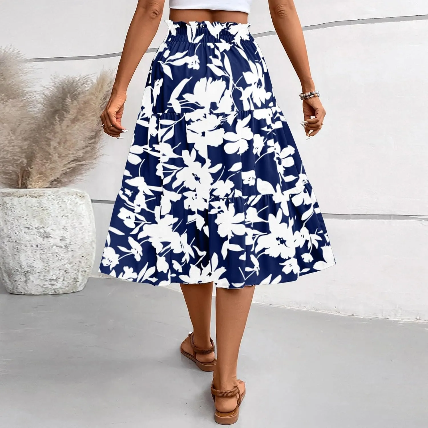 Floral Maxi Skirt for Women Summer Comfy Tiered Elastic High Waisted Midi Skirts A-Line Flowy Swing Long Skirts