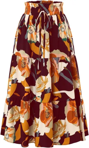 Floral Maxi Skirt for Women Summer Comfy Tiered Elastic High Waisted Midi Skirts A-Line Flowy Swing Long Skirts