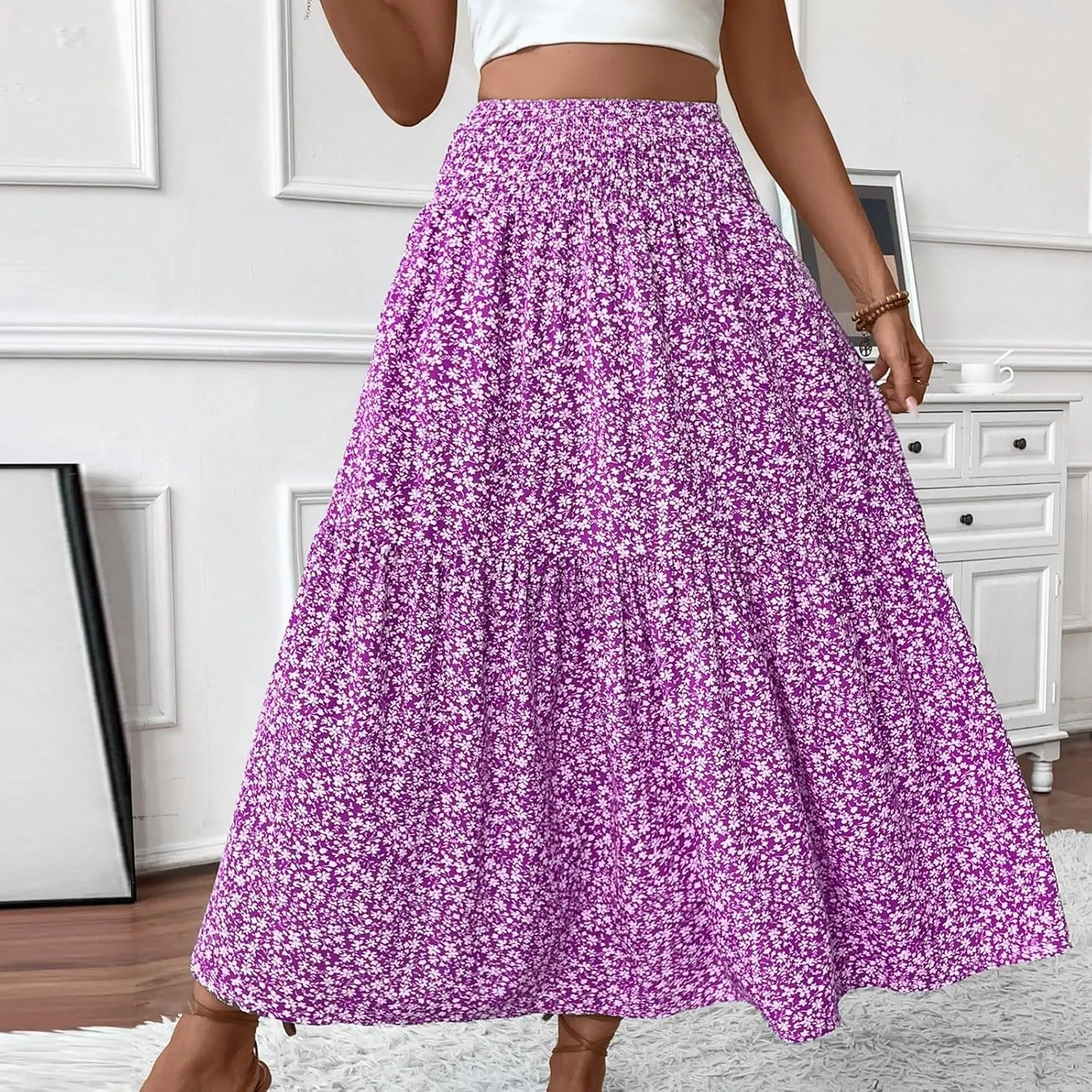 Floral Maxi Skirt for Women Summer Elastic High Waisted Beach Vacation Skirts Flowy Splicing A-Line Casual Long Skirts